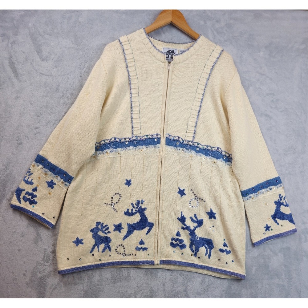 Vintage Storybook Knits Cardigan Sweater Deer Sequins Grandma Cottage Magic 2XL